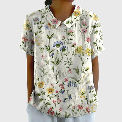 Jenna | Floral Print Collared Short Sleeve Relaxed Linen Blouse