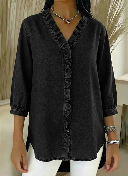 Rylee | Women's Denim V-Neck Ruffle Front Relaxed Fit Shirt