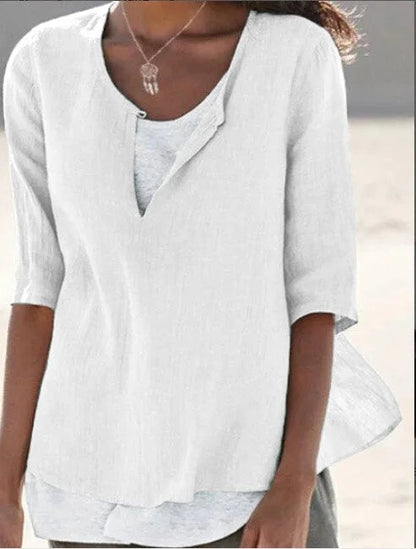 Maya | Split Neck 3/4 Sleeve Layered Hem Linen Blend Casual Top