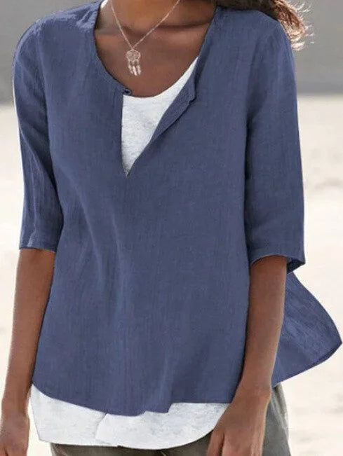 Maya | Split Neck 3/4 Sleeve Layered Hem Linen Blend Casual Top