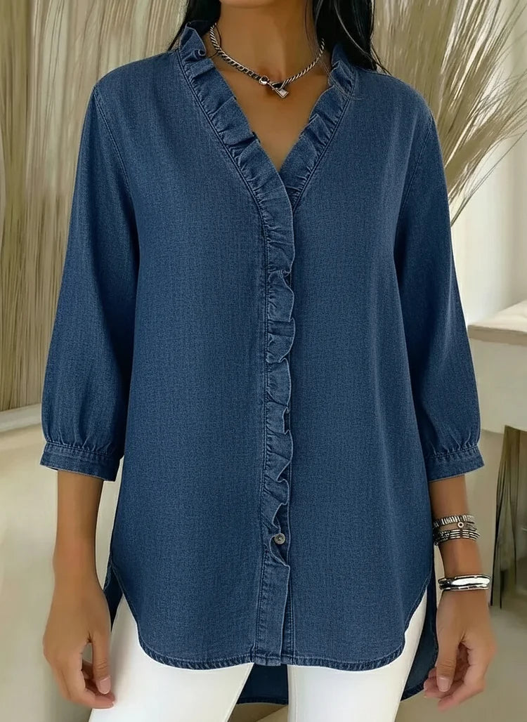 Rylee | Women's Denim V-Neck Ruffle Front Relaxed Fit Shirt