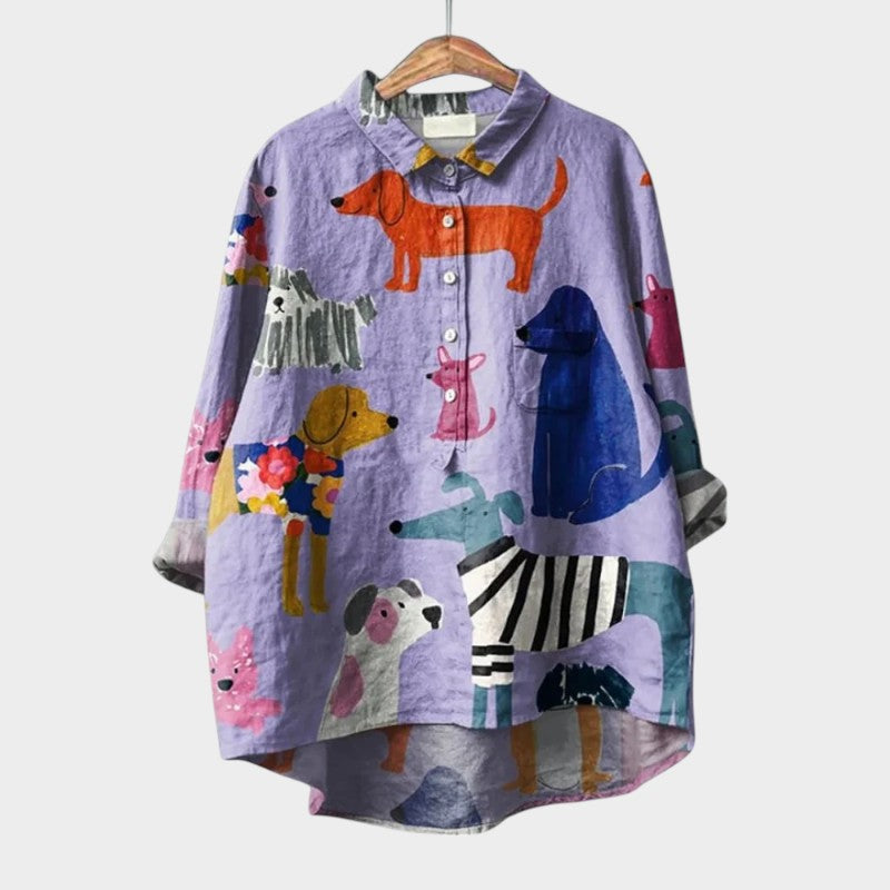 Milla | Dog Print Collared Button Down Long Sleeve Casual Blouse