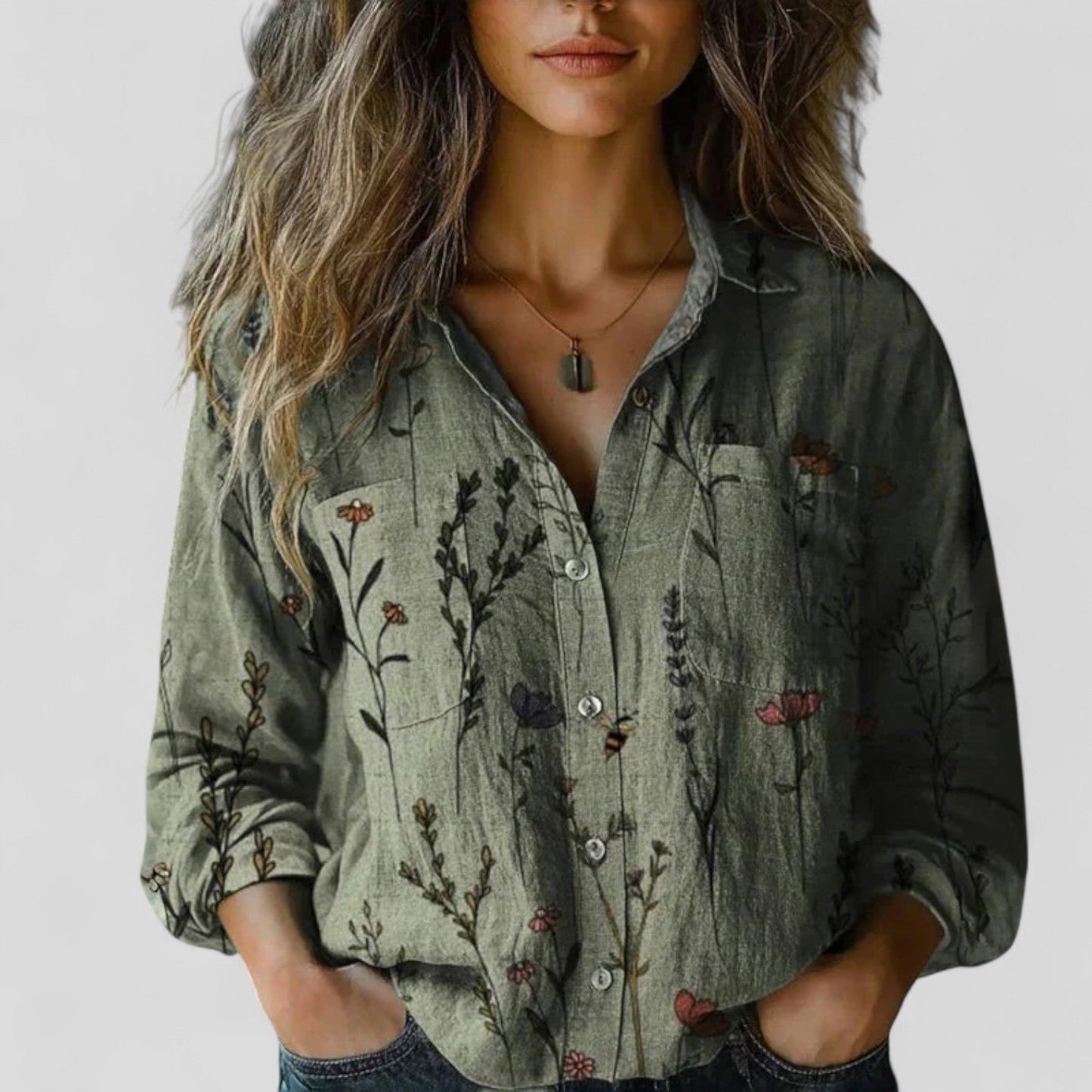 Lorenhilde | Colorblock Floral Long Sleeve Button Down Boho Blouse