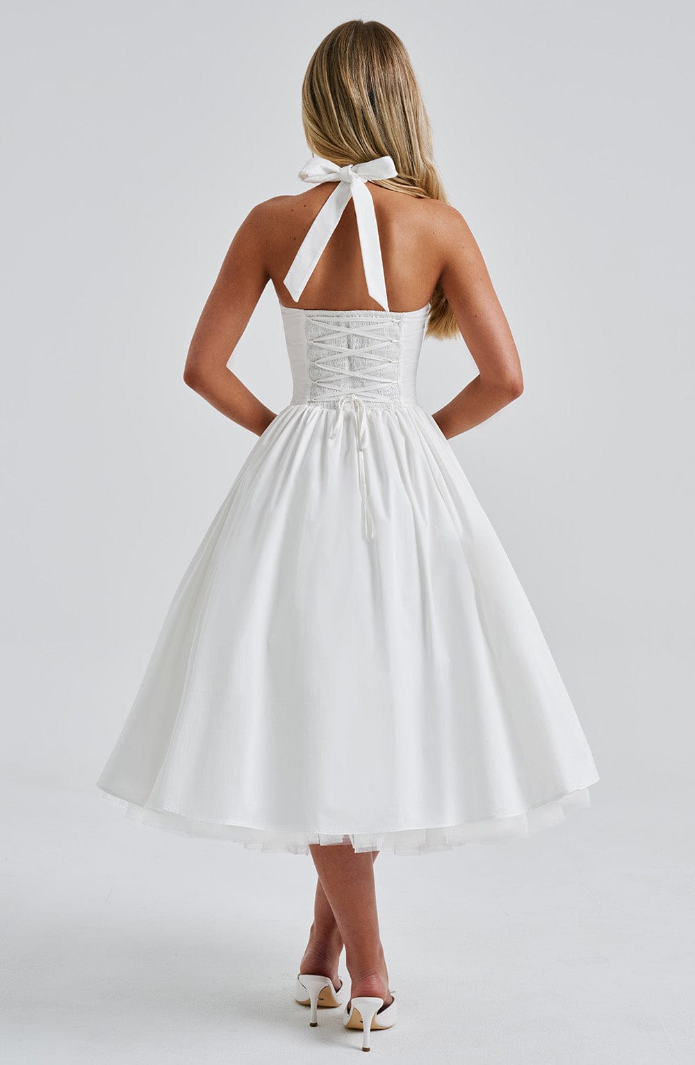 Chloe | Halter Tie Back Structured Bodice Voluminous Midi Wedding Guest Dress