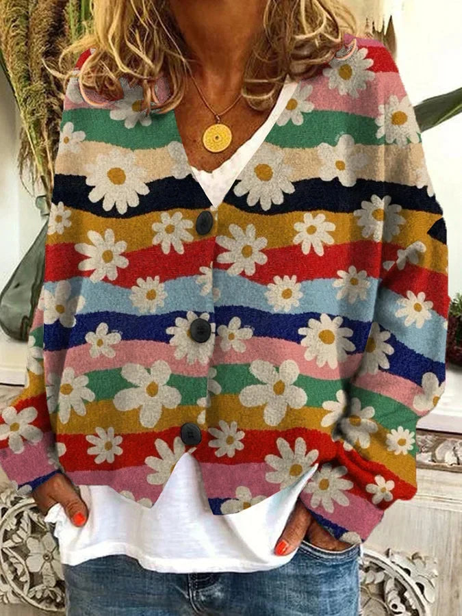 Petra | Women's Vintage-Inspired Floral Striped Button-Up Cardigan