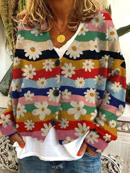 Petra | Women's Vintage-Inspired Floral Striped Button-Up Cardigan