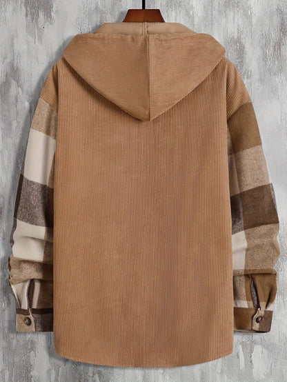 Thaddeus | Men's Plaid Hooded Corduroy Pocket Overshirt Jacket