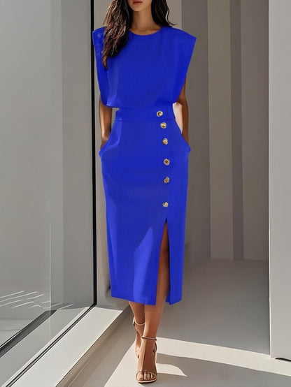 Quinn | Sleeveless Structured Shoulder Button Detail Fitted Midi Elegant Dress