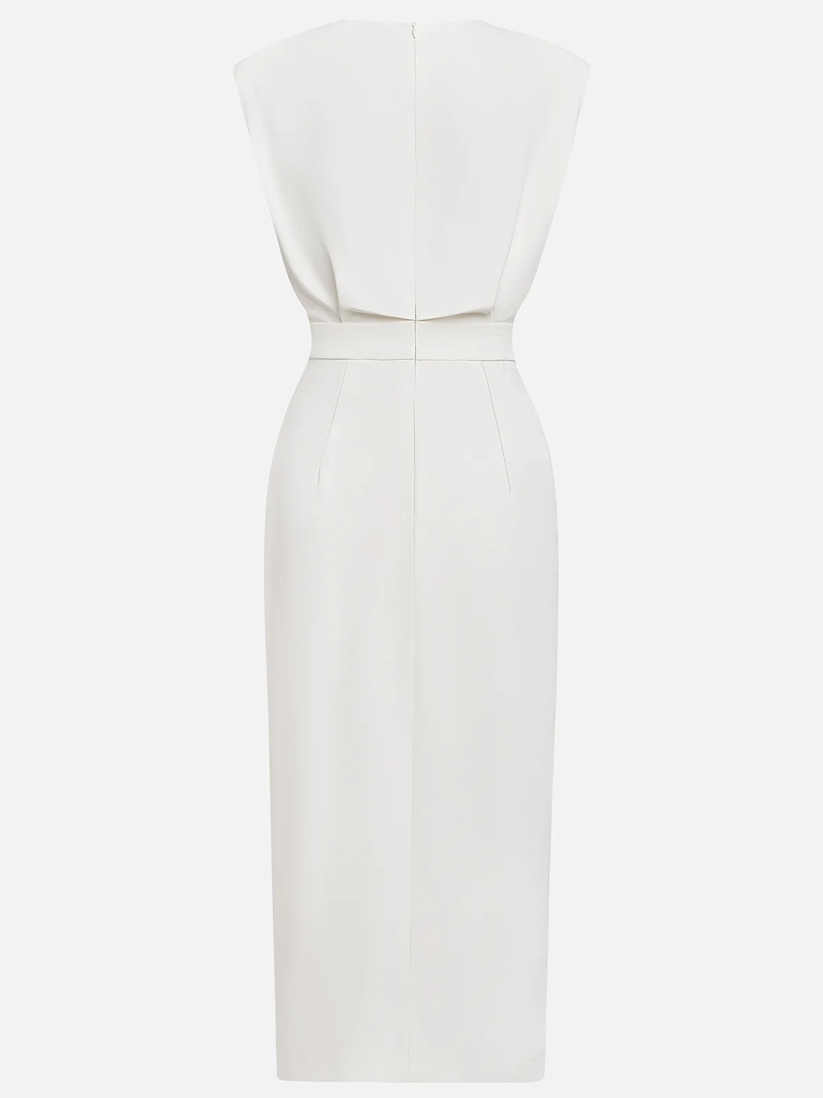 Quinn | Sleeveless Structured Shoulder Button Detail Fitted Midi Elegant Dress