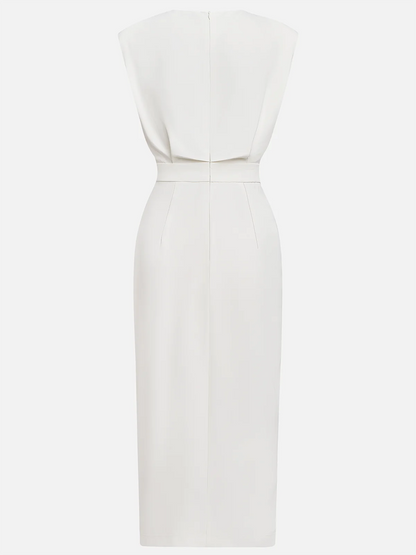 Quinn | Sleeveless Structured Shoulder Button Detail Fitted Midi Elegant Dress