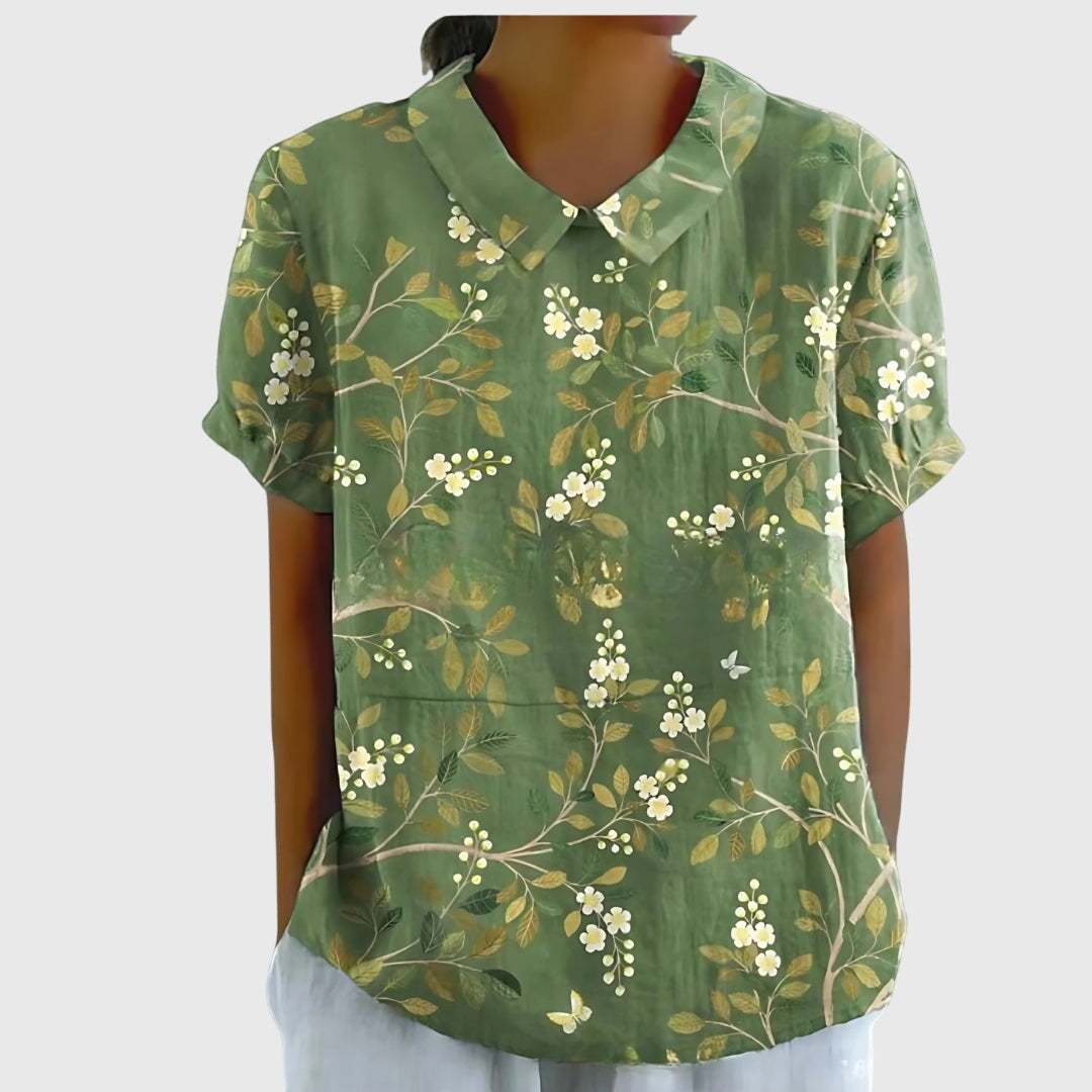 Jenna | Floral Print Collared Short Sleeve Relaxed Linen Blouse