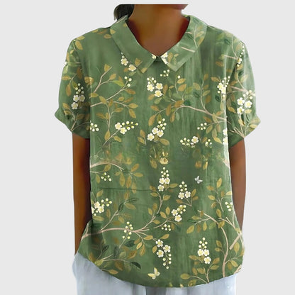 Jenna | Floral Print Collared Short Sleeve Relaxed Linen Blouse