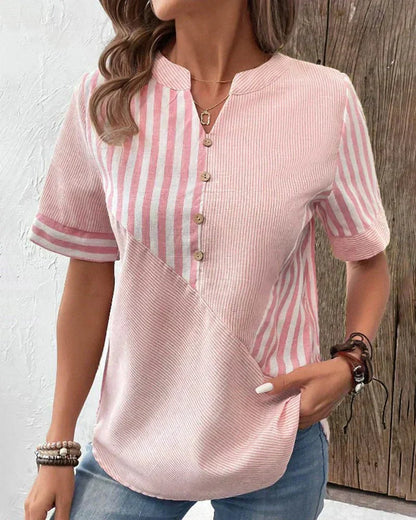 Monroe | Striped Colorblock Stand Collar Short Sleeve Casual Top
