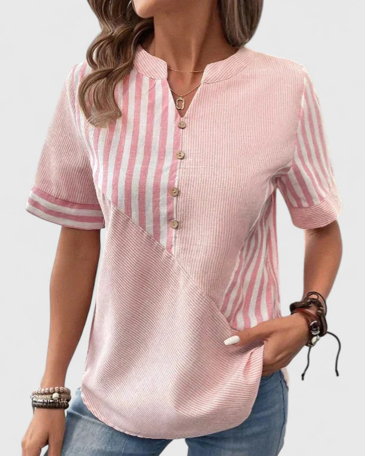 Gigi | Striped Colorblock Stand Collar Short Sleeve Casual Blouse