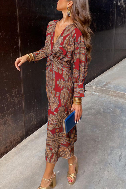 Faye | Printed Twist Front Deep V Neck Midi Dress