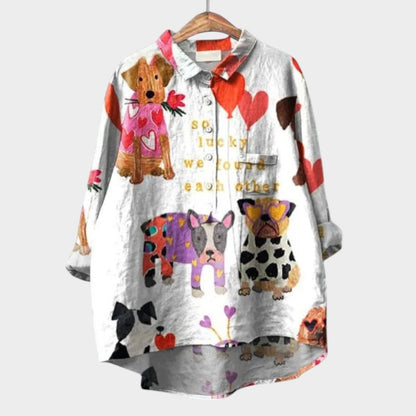 Milla | Dog Print Collared Button Down Long Sleeve Casual Blouse