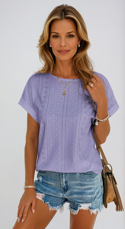Becky | Eyelet Tops Short Sleeve Oversized Casual Blouses