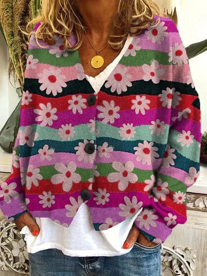 Petra | Women's Vintage-Inspired Floral Striped Button-Up Cardigan