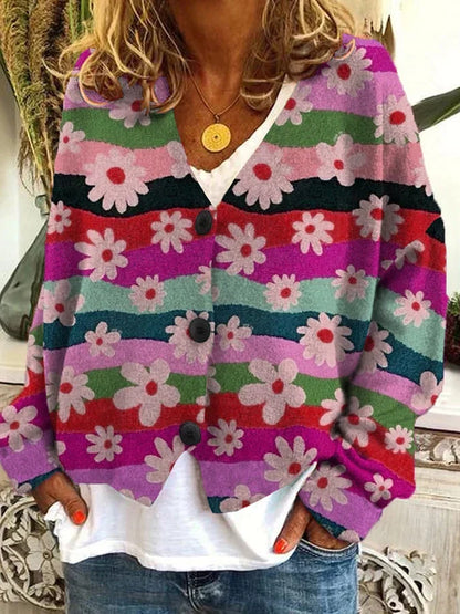 Petra | Women's Vintage-Inspired Floral Striped Button-Up Cardigan