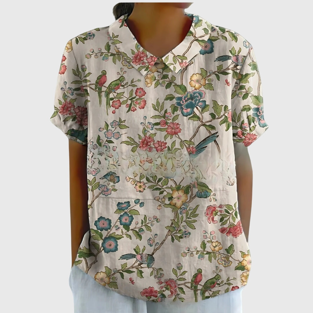 Jenna | Floral Print Collared Short Sleeve Relaxed Linen Blouse