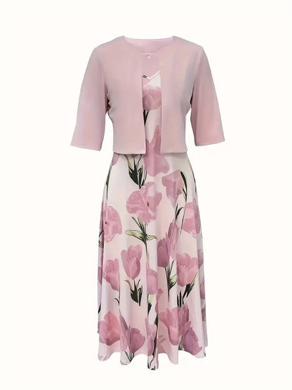 Catherine | Floral Print Sleeveless A Line Maxi Dress With Cropped Jacket Two Piece Set