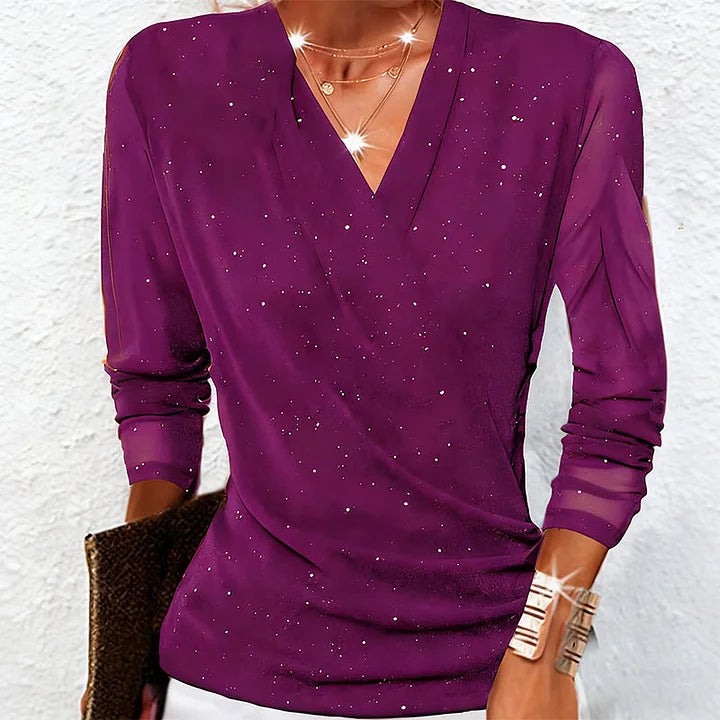 Maribel | Women's Draped V Neck Shimmer Long Sleeve Blouse
