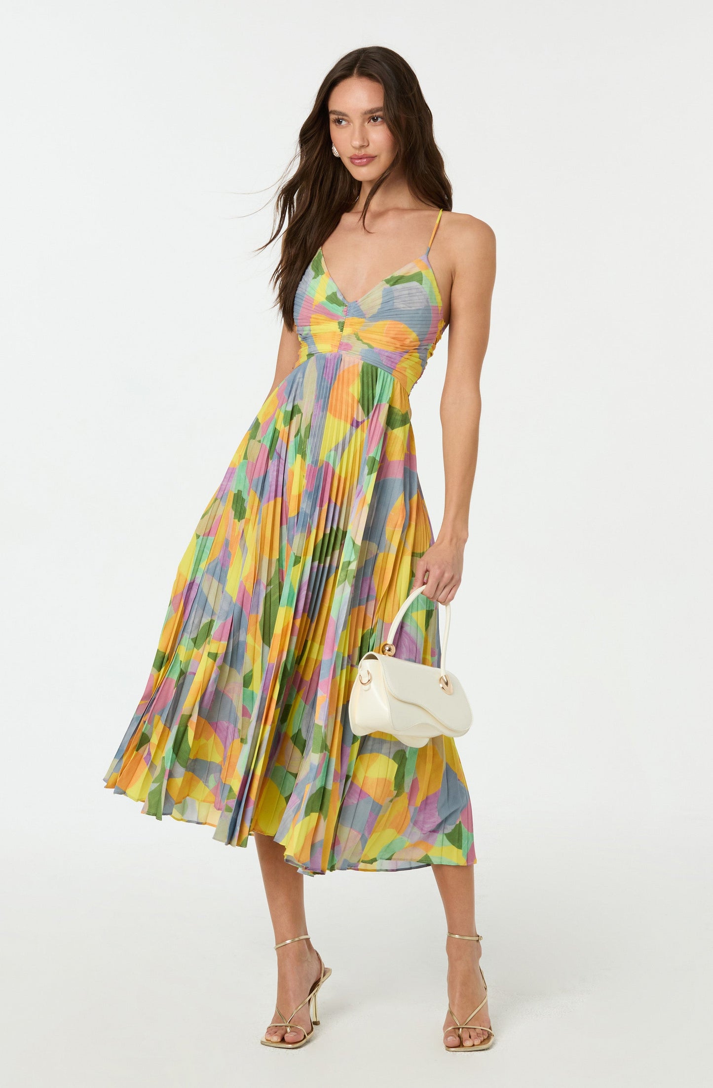 Serena | Floral Print V Neck Cross Tie Back Pleated Elegant Midi Dress