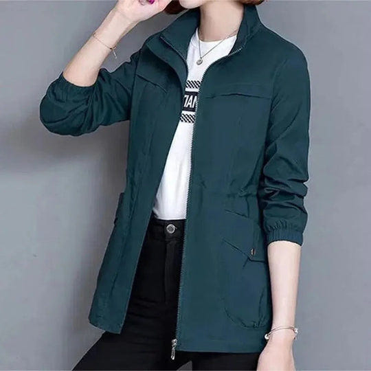 Catherine | Women's Lightweight Cinched Waist Stand Collar Jacket