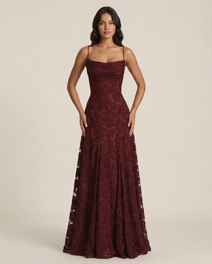 Juliette | Women's Burgundy Lace Square Neck Wedding Guest Dress