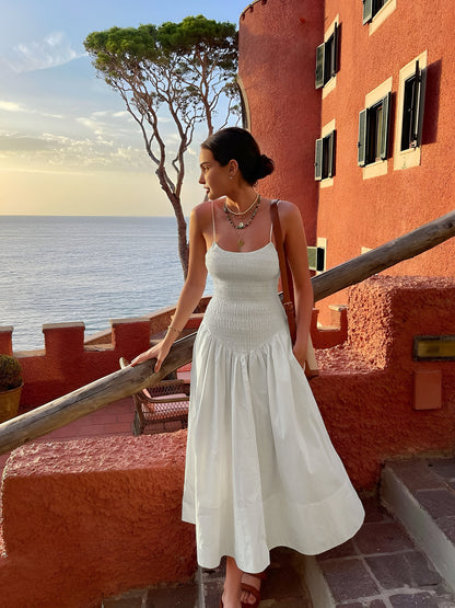 Jade | Shirred Bodice Spaghetti Strap Cotton Midi Dress