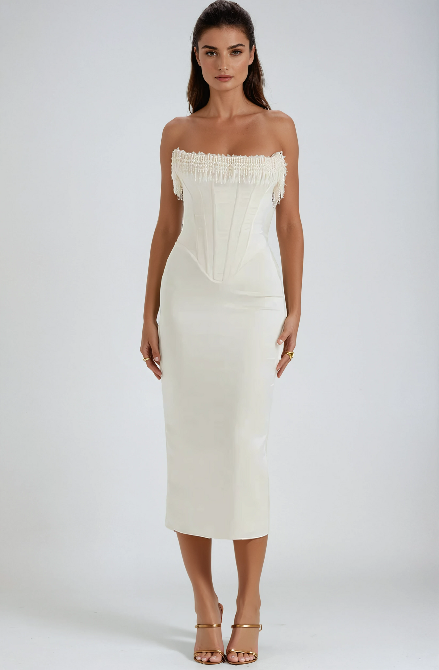 Bella | Strapless Pearl Detail Corset Bodice Maxi Wedding Guest Dress