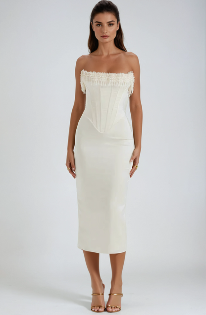 Bella | Strapless Pearl Detail Corset Bodice Maxi Wedding Guest Dress