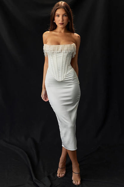 Bella | Strapless Pearl Detail Corset Bodice Maxi Wedding Guest Dress
