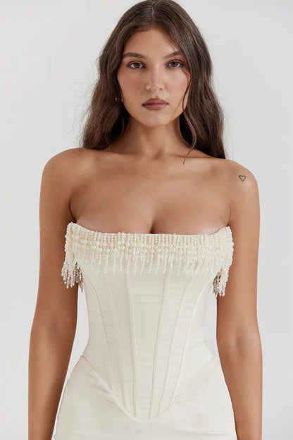 Bella | Strapless Pearl Detail Corset Bodice Maxi Wedding Guest Dress