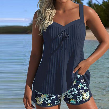 Cassandra | Tankini Set Floral Shorts Ribbed Drawstring Front