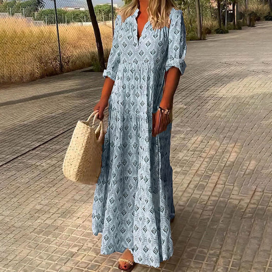 Sage | Boho Print V Neck Roll Up Sleeve Tiered Loose Maxi Dress