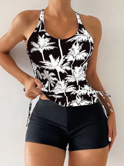 Camila | Women's Tankini Set Tropical Palm Print Cross Back Boyshorts
