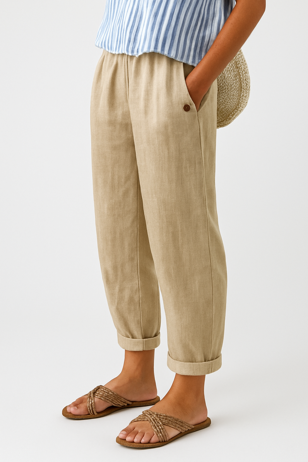 Emma | Elastic Waist Relaxed Tapered Cuffed Linen Blend Casual Pants