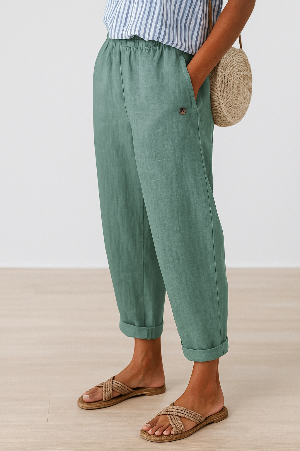 Emma | Elastic Waist Relaxed Tapered Cuffed Linen Blend Casual Pants