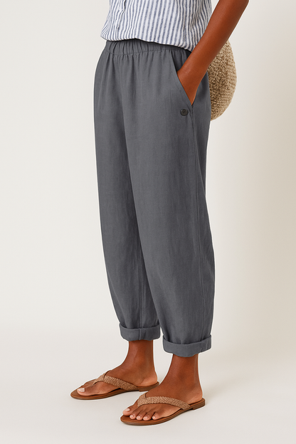 Emma | Elastic Waist Relaxed Tapered Cuffed Linen Blend Casual Pants