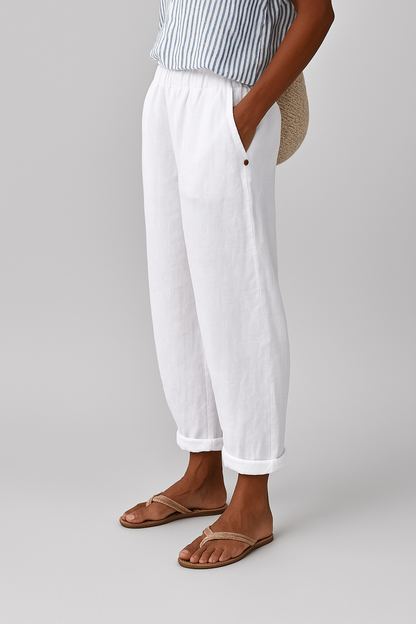 Emma | Elastic Waist Relaxed Tapered Cuffed Linen Blend Casual Pants