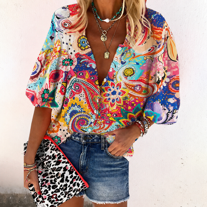 Isla | Boho Floral Print V Neck Button Down Long Sleeve Blouse