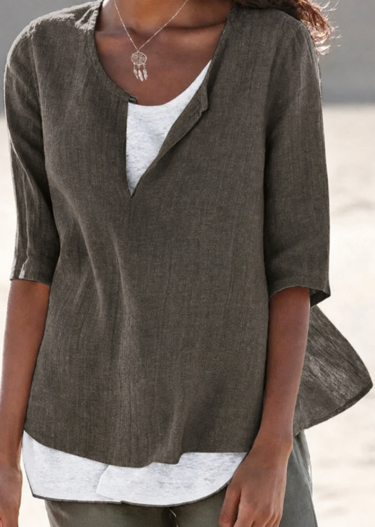 Maya | Split Neck 3/4 Sleeve Layered Hem Linen Blend Casual Top