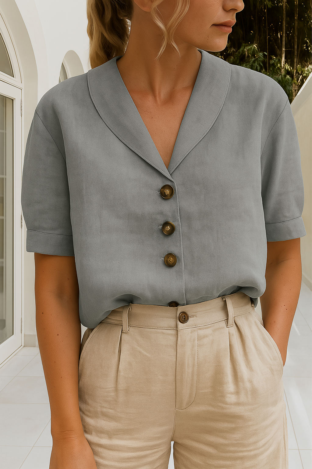 Clara | Shawl Collar Button Down Short Sleeve Casual Blouse