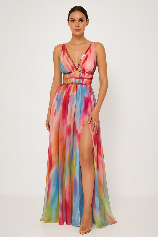 Adrienne | Deep V Neck Cut Out Chiffon Maxi Wedding Guest Dress