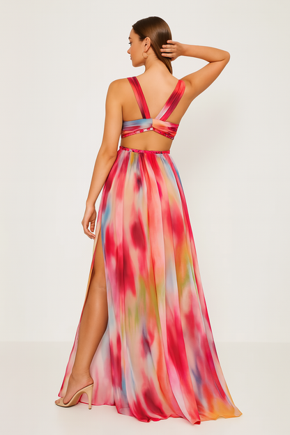 Adrienne | Deep V Neck Cut Out Chiffon Maxi Wedding Guest Dress