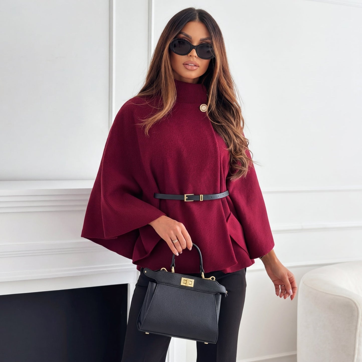 Wrenora | Women's Cape Sleeve Mock Neck Belted Knit Sweater