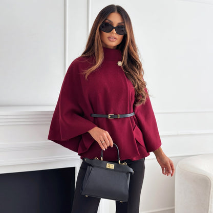 Wrenora | Women's Cape Sleeve Mock Neck Belted Knit Sweater
