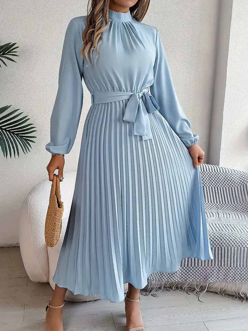 Celeste | Mock Neck Long Sleeve Belted Pleated Midi Wedding Guest Dress