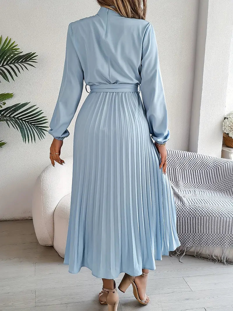 Celeste | Mock Neck Long Sleeve Belted Pleated Midi Wedding Guest Dress